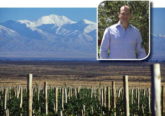 Alta Vista Vineyard with snow covered mountains in background and inset image of Patrick d’Aulan