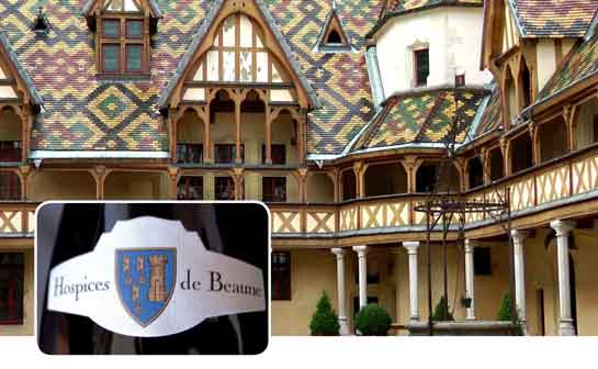 Hospices de Beaume building and inset with neck of wine bottle with Hospices de Beaume logo