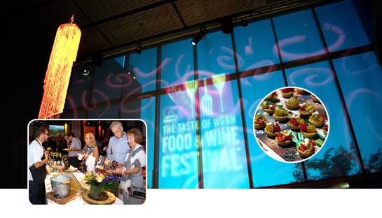 Projected logo on glass front of the station for The Taste of WGBH Food & Wie Festival with inserts of wine-food station and closeup of food