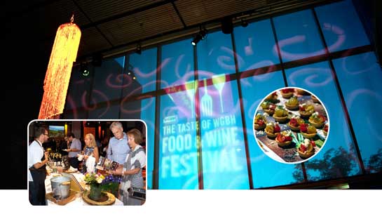 Projected logo on glass front of the station for The Taste of WGBH Food & Wie Festival with inserts of wine-food station and closeup of food 