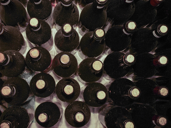 top view of rows of Barolo wine bottles